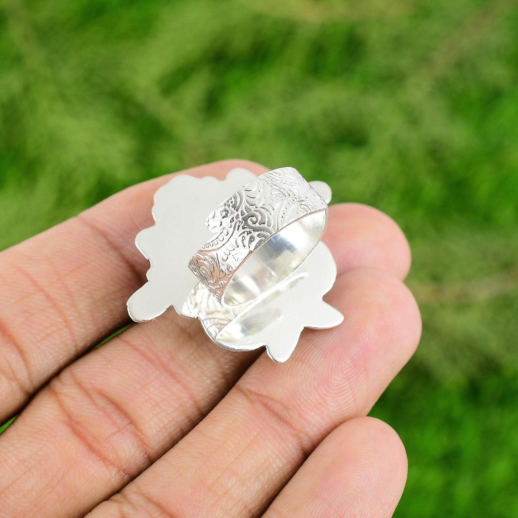 Gift For Her Natural Labradorite Statement Flower Adjustable Ring 925 Silver