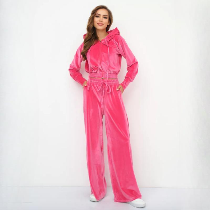 Dámský ležérní sportovní dvoudílný jednobarevný sametový kardigan s kapucí na zip s dlouhým rukávem + kalhoty se širokými nohavicemi s elastickým pasem dámský oblek