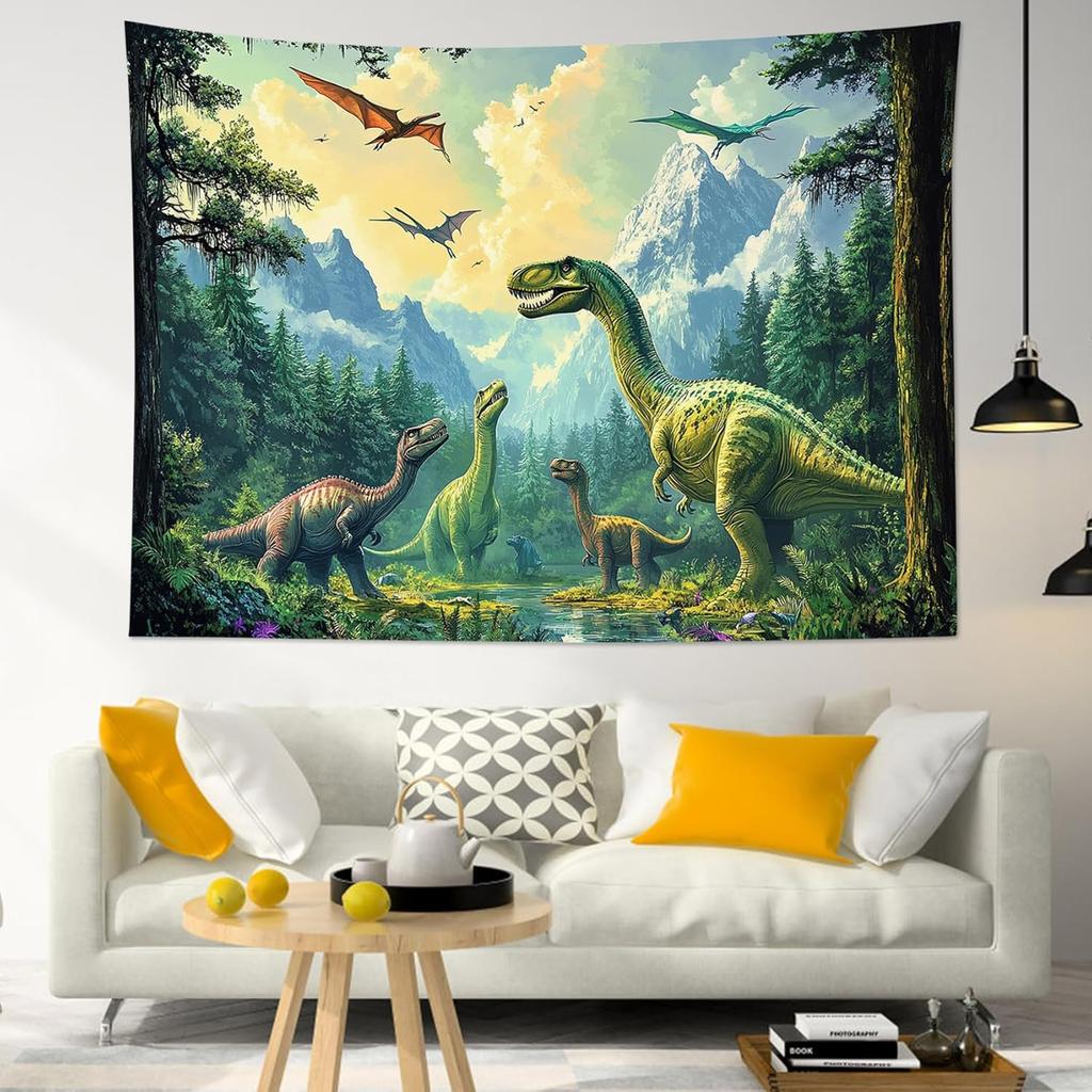 Dinosaur Tapestry for Bedroom, Ancient Wild Animal Dinosaur In Green Forest Tapestry Wall Hanging Mountain Nature Landscap