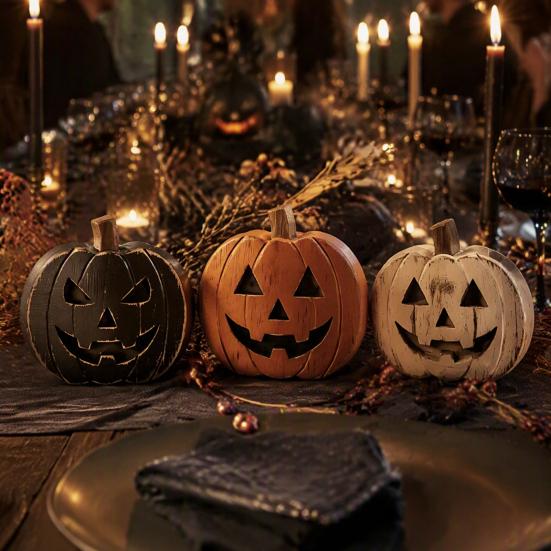 Indoor Halloween Ornaments 3Pcs Pumpkin Tabletop Decor, Rustic Face Wooden Block Small Decorative Figurines Ornaments, Farmhouse Desktop Craft