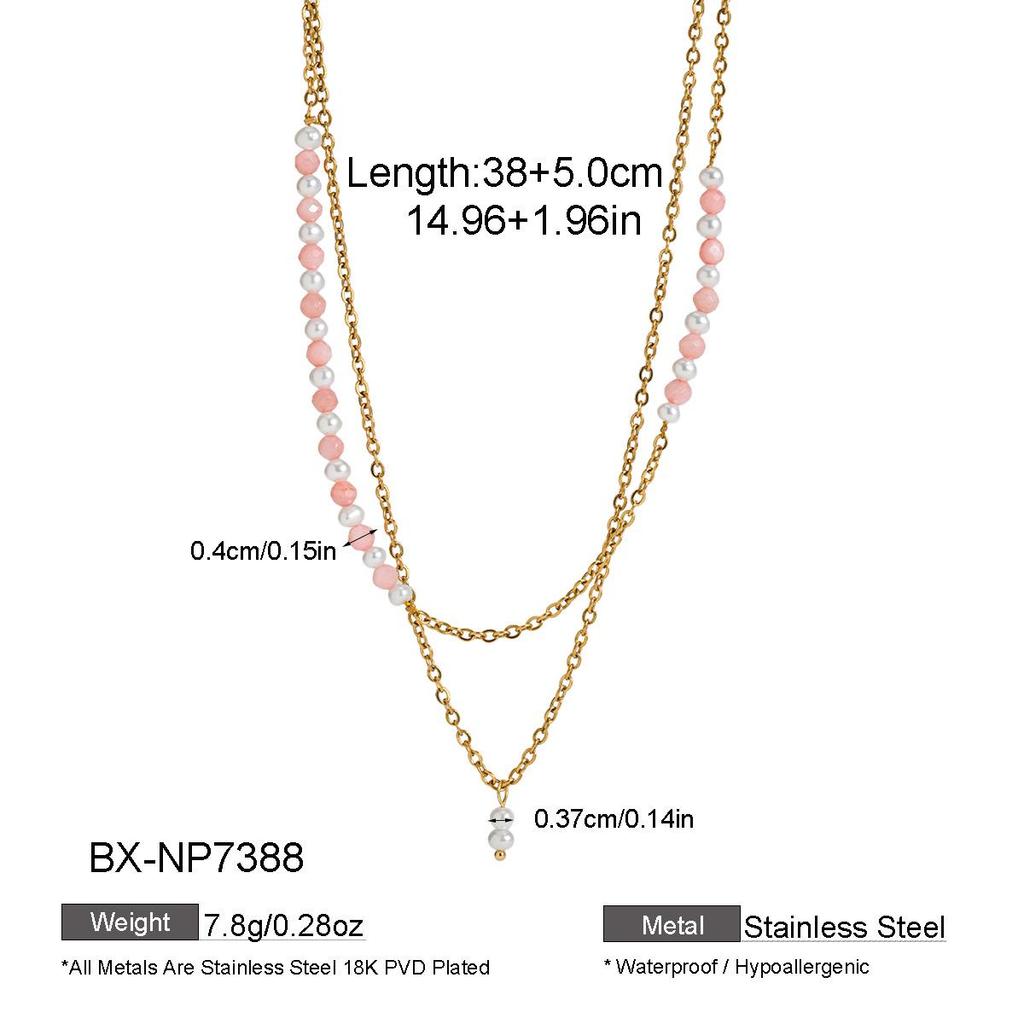 Elegant Double-Layered Colored Natural Stone & Pearl Necklace with Titanium Steel Clavicle Chain