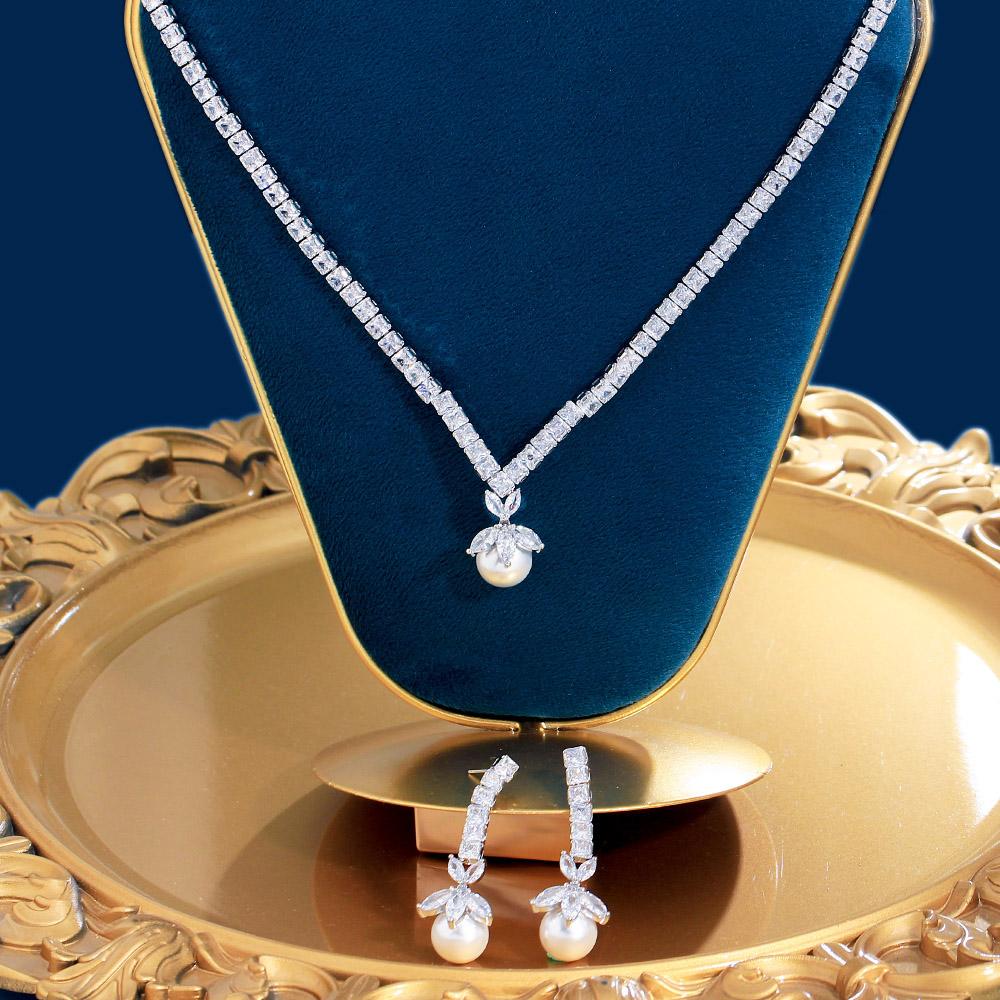 CMM Elegant Dangle Drop White Cubic Zirconia Women Party Necklace Earrings Artificial Pearl Jewelry Set