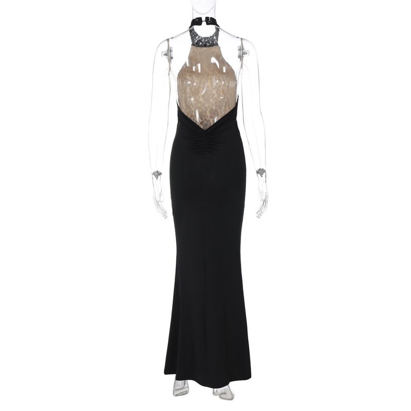 High-Looking Slimming Lace Contrast Color off-the-Shoulder Cheongsam Tight Backless Stand Collar Long dress Singer Black Evening Wear Dress Women