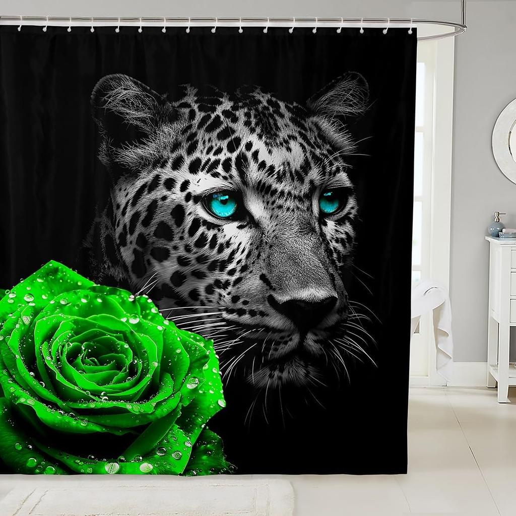 Cheetah Print Shower Curtain, African Leopard Animal Design, Red Floral Black Waterproof Panel With Hooks