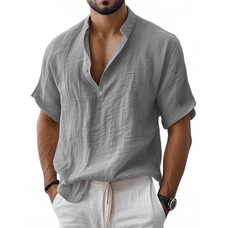 Men Mandarin Collar Short Sleeve Henley Shirt Crinkle Texture Casual Summer Top