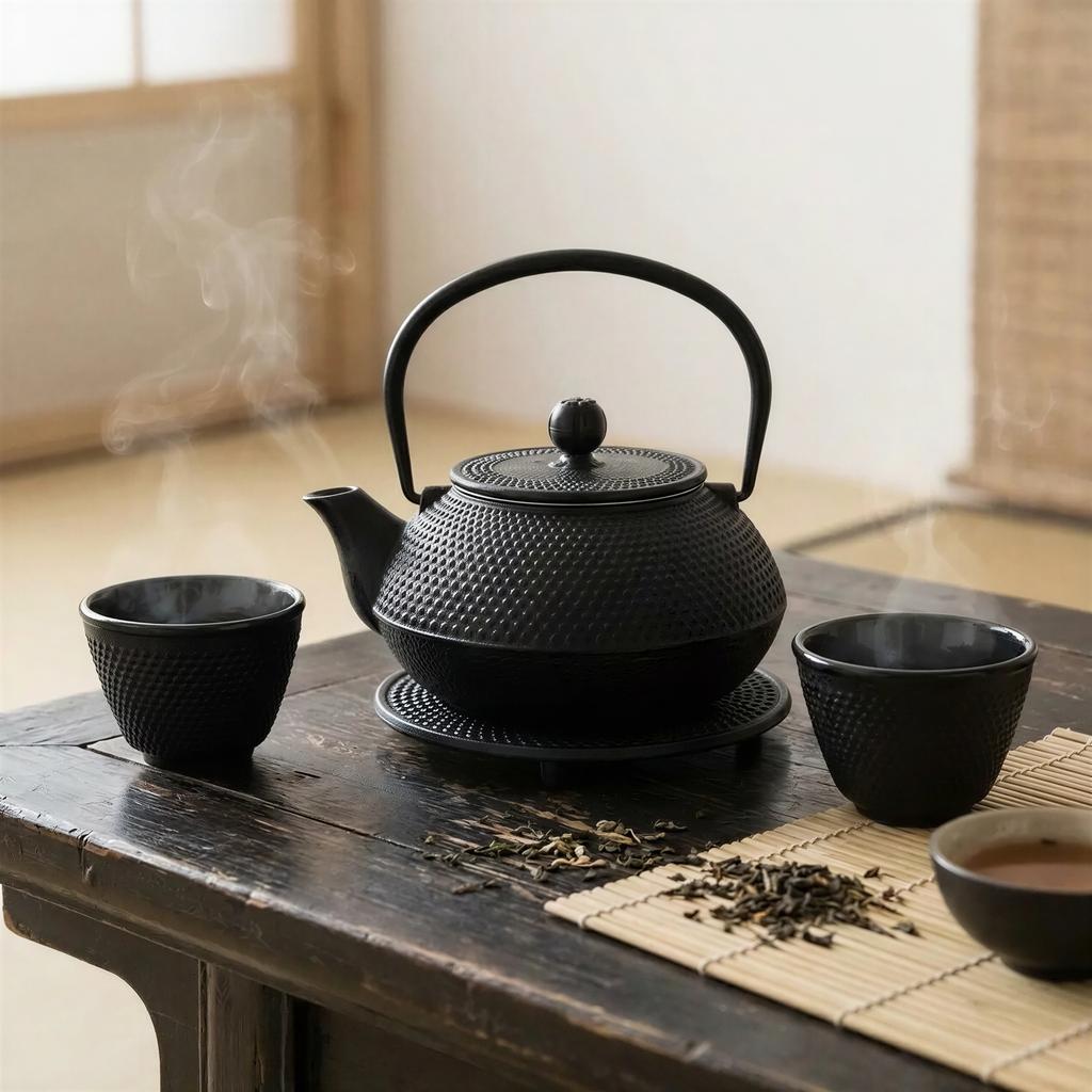 CAST IRON KETTLE 0.8L TEAPOT SET 2x CUPS STAND BLACK