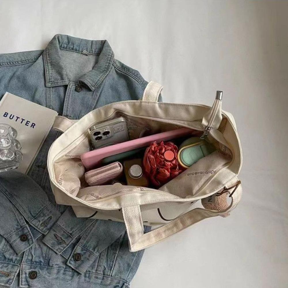 Cartoon Bear Canvas Shoulder Bag Handbag Large Capacity Tote School Bag Tutoring Bag Casual Commuting Bag Underarm Bag