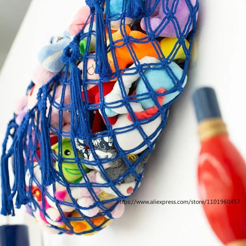 Plush Toy Wall Hanging Net with Tassels Bohemian Hanging Net Handmade Cotton Rope Kids Doll Hammock Organizer Nursery Playroom