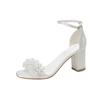Fashion New Women High Heels Sandals White Pearl Buckle Round Toe Chunky Heel Wedding Shoes