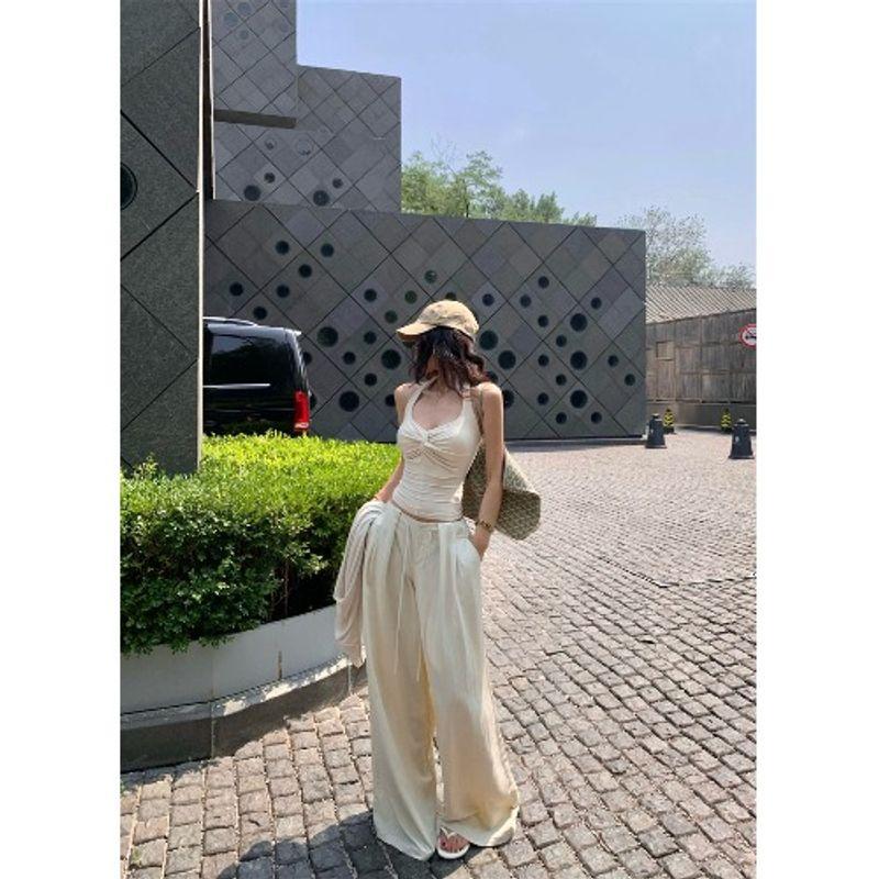 Kumikumi Lazy Style Long Sleeve Cardigan Underwear Spaghetti-Strap Slip Women's Autumn Slimming All-Match Wide Leg Pants Three-Piece Set