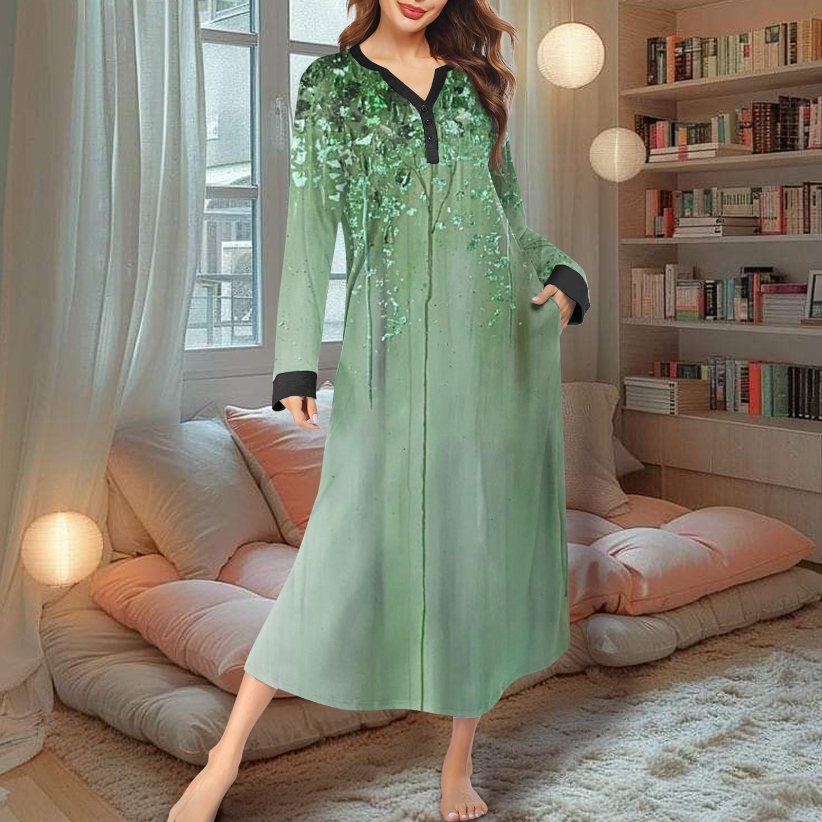 

Жіноча нічна сорочка, модна довга піжама з принтом і V-подібним вирізом, сукня з кишенями L зелений