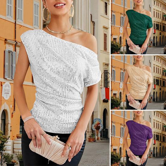 Women Tops Off-Shoulder Skew Collar Shiny Sequins Pullover Tops Soft Elastic Regular Fit Gown Tops Party Wear