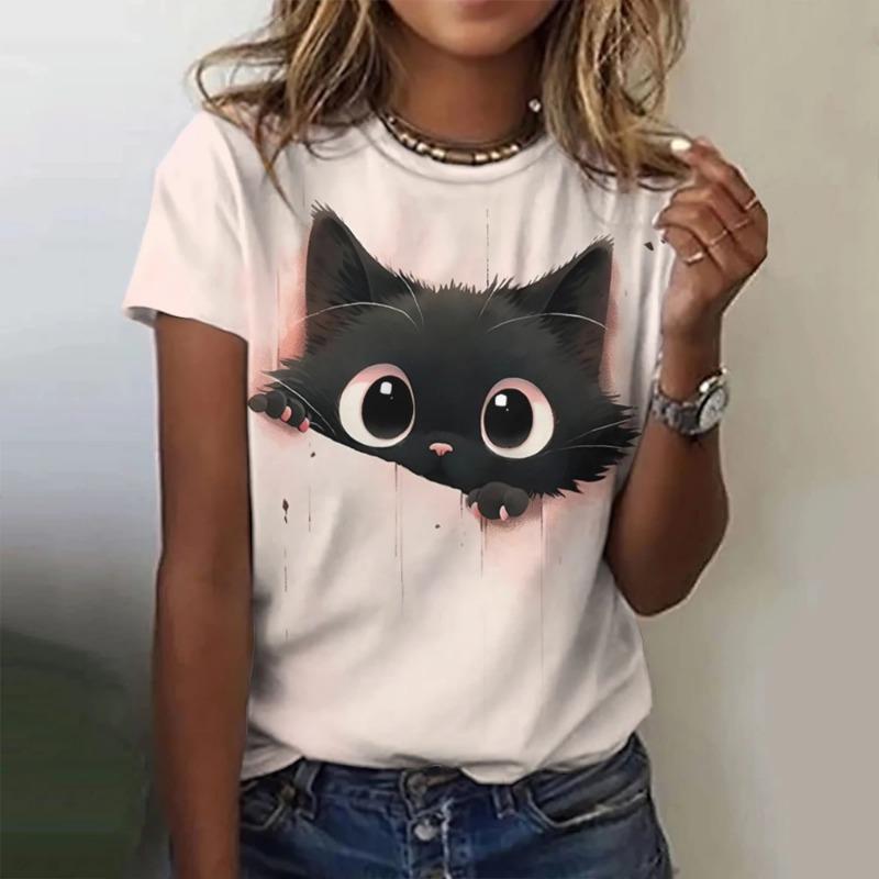 Damen T-Shirt 3d Niedliches Tier Mode Katze Print Damen T-Shirt Sommer Tops T-Shirt Lässig Kurzarm Übergroße Kleidung