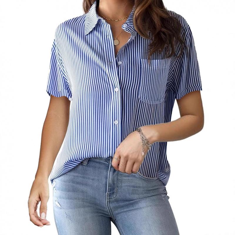 2026 Spring/Summer New Women's Fashion Printed Striped Cardigan Top Casual Stylish Short Sleeve Shirt for Women