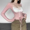 Pembe Y2k Uzun Kollu Üst Kadın Seksi Dantel Patchwork Kare Yaka Bandaj Ince T-shirt Coquette Kız Estetik Kırpma Üst