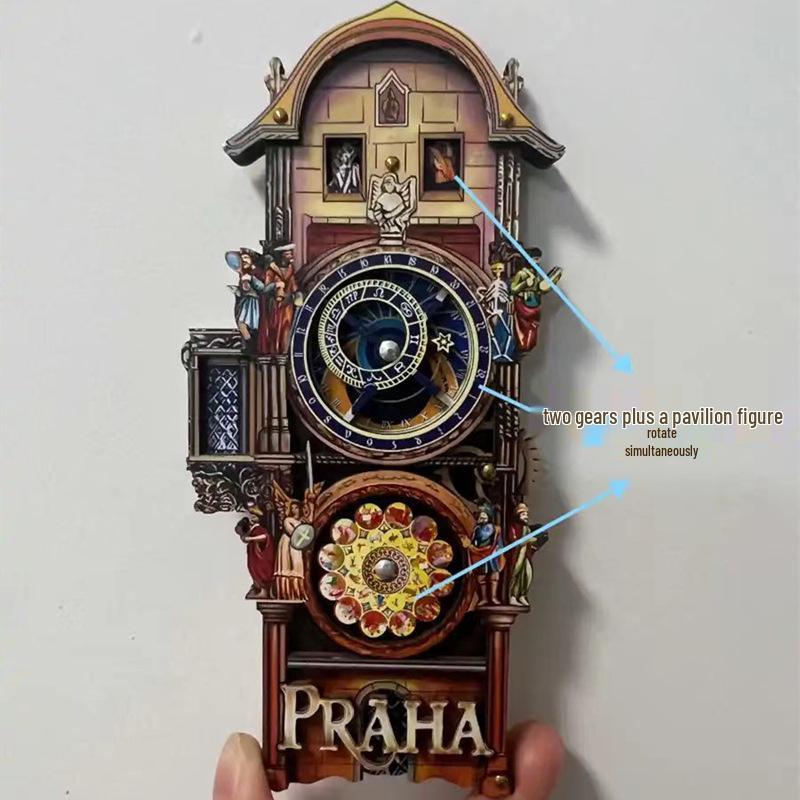 Prague Astronomical Clock 3D Wooden Magnet with Rotating Gears - Czech Travel Souvenir