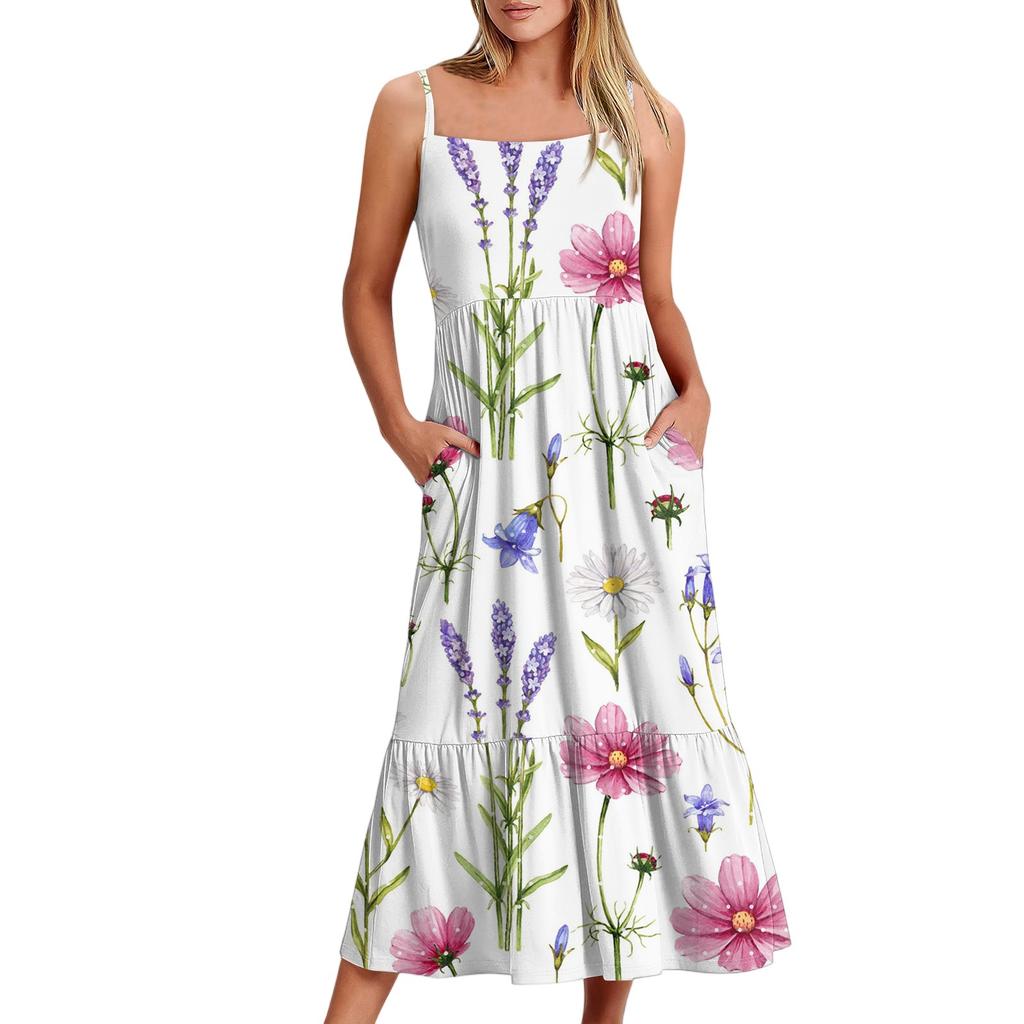 Women's Long Beach Casual Elegant Spaghetti Strap Maxi Dress Floral Low-key Flowing Bohemian Dress