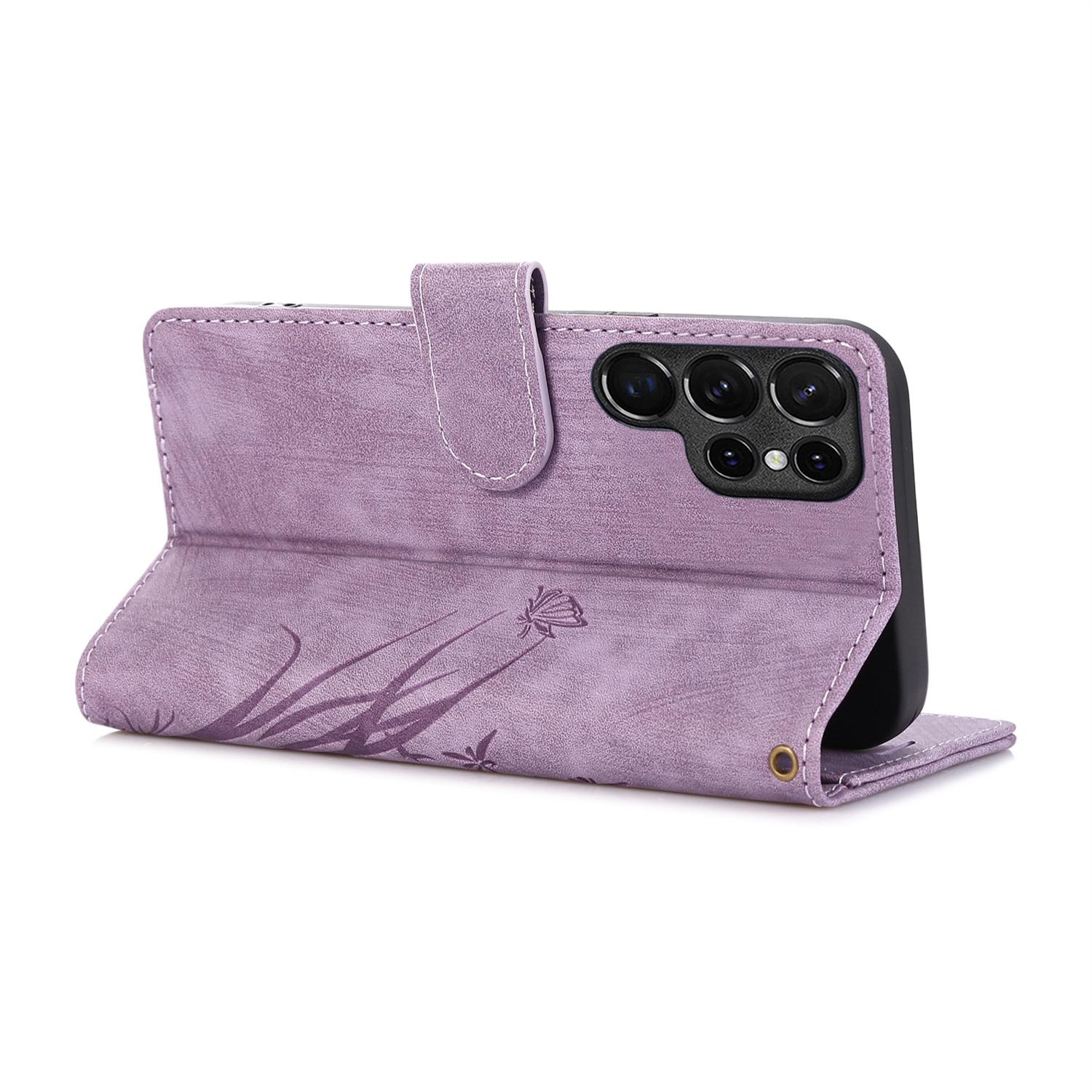 

For Samsung Galaxy S23 Ultra Phone Case Imprinted Orchid Butterfly Flip Wallet Cover Purple
