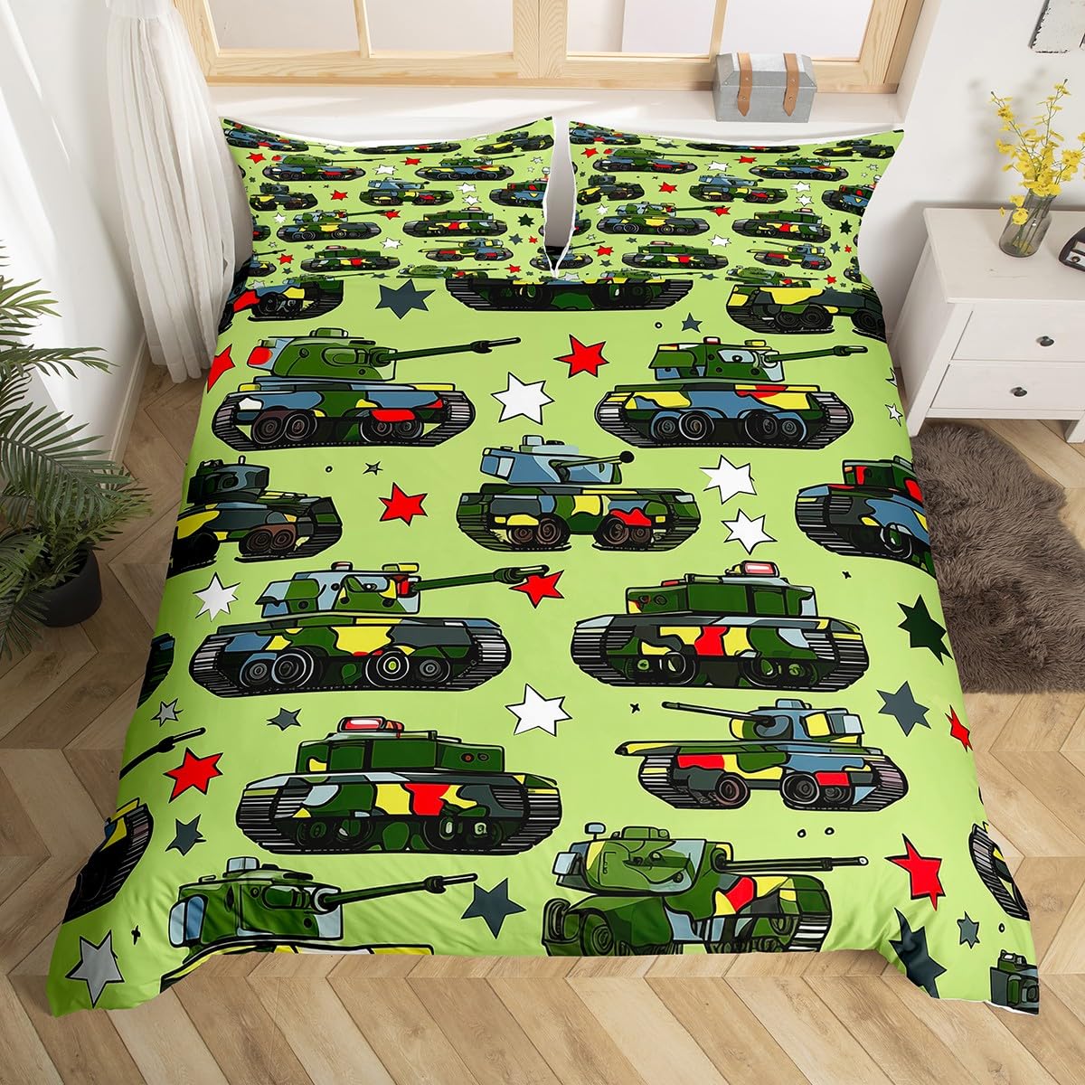 

War Theme Duvet Cover Set Twin Size, Army Aircraft Tanks Comforter Cover, Retro Green Camouflage Bedding Set EU Single(135x200cm)