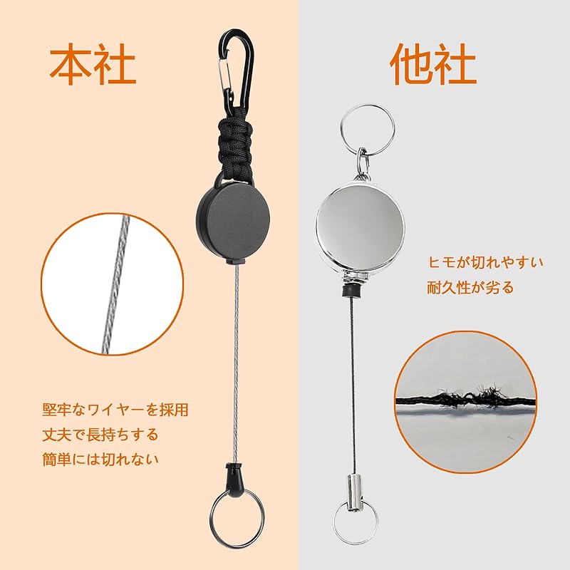 [Vencede] reel keychain Elastic reel type key reel With carabiner super lightweight For hanging name tags set of 4 black