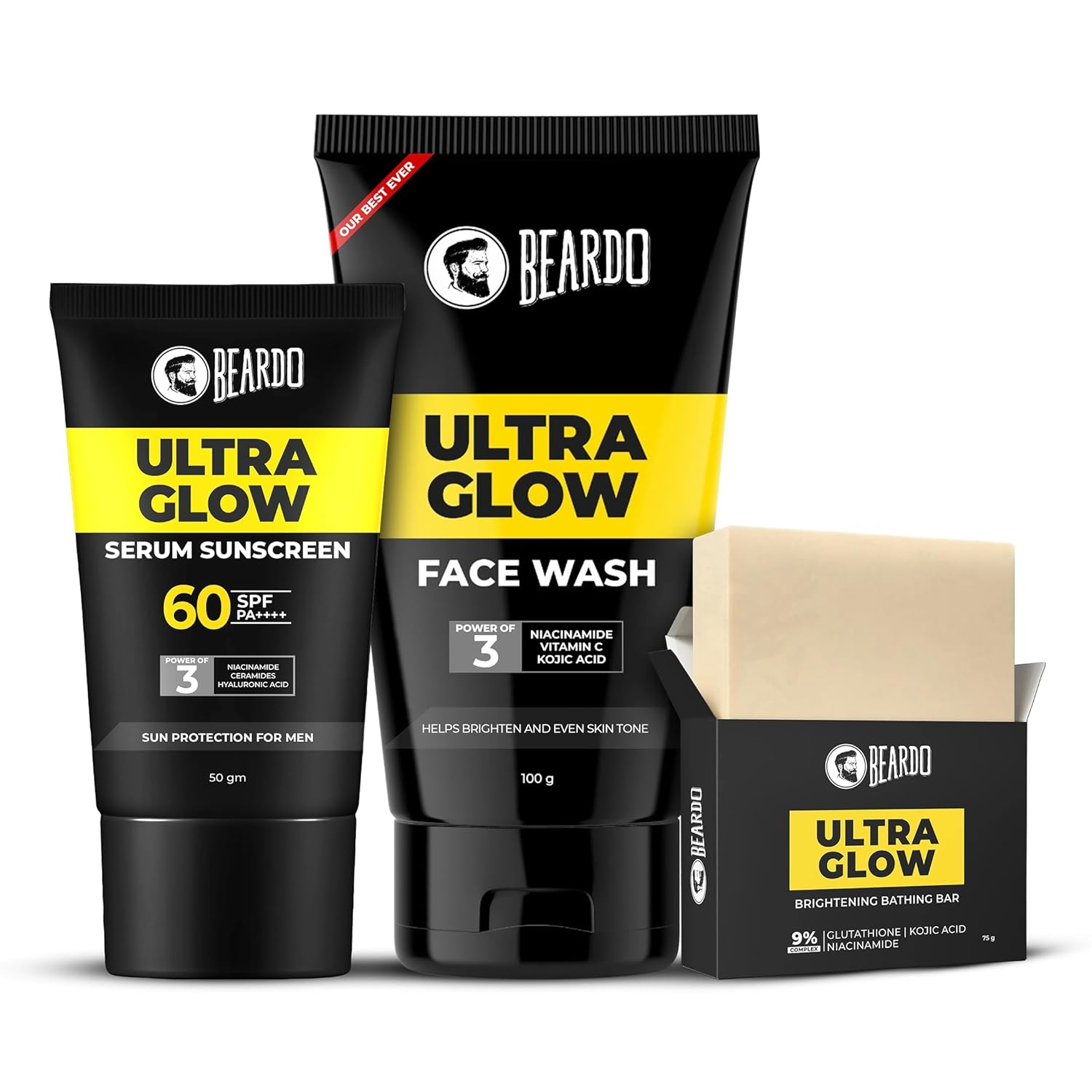 Beardo Ultra Glow-Up Kit for Men 3PCS Facewash Serum Sunscreen Bathing Bar Brightening Skin Care