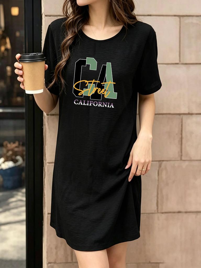 Summer Thin Breathable Printed Mid-Length T-Shirt Dress with California Lettering, Casual Style, Loose Fit, Slimming Lazy Dress