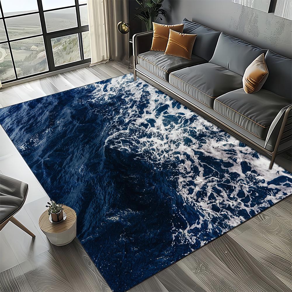 2025 New Style Blue Green Seawater Sea Wave Scenery Carpet Rug for Living Room Bedroom Home Sofa Decoration,Non-slip Floor Mat