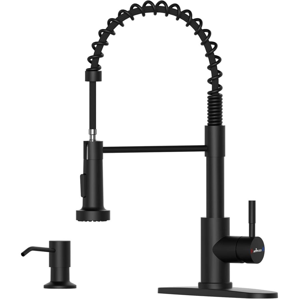 Black Kitchen Faucet with Soap Dispenser and Pull Down Sprayer, SUS304 Stainless Steel Commercial Single-Handle Spring Faucet for Kitchen Sink