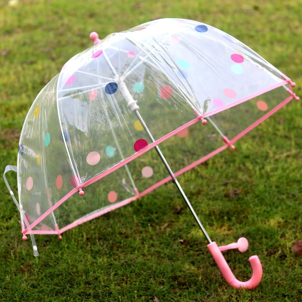 Anti-Quetsch-Hand Farbe Rosa Punkte Rand Cartoon Kinderregenschirm Mädchen Transparenter Schirm Weich Entzückend Windfest Langstieliger Regenschirm S, 71CM transparent/rosa