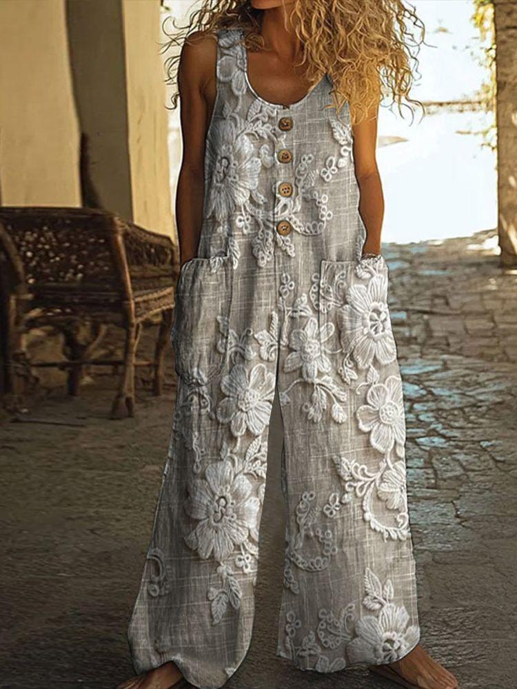 Damen Ärmelloser Jumpsuit mit Blumenmuster, Knopfleiste vorne und Seitentaschen