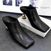 2025 New Square Toe Elegant Women Slippers Fad Mid Heels Leather Sandals Mule Shoes Trend Spring Designer Dress Femme Chaussures