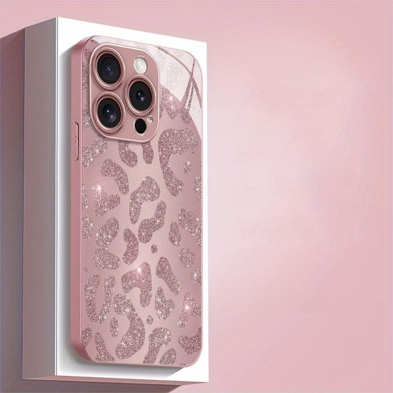 Fashion Pink Leopard Print Metallic Paint Glass Hard Phone Case For iPhone 17 15 16 11 12 13 14 Pro Max Plus 16E 17Air Cover