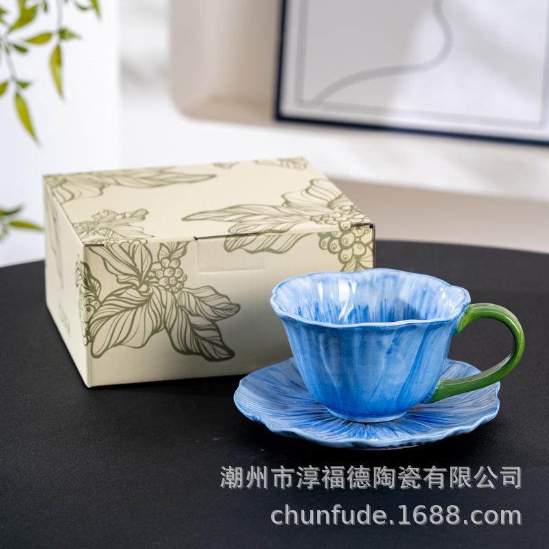 Hand-Painted Kiln Lower Color Flower Ceramic Coffee Cup And Saucer Design Sense Niche Women High Value Latte Cup