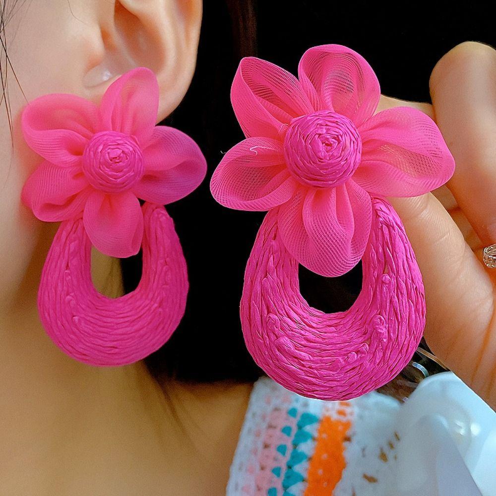 U-shaped Straw Weave Earrings Sweet Beach Drop Earrings Mesh Flower Earrings  Girls Gift
