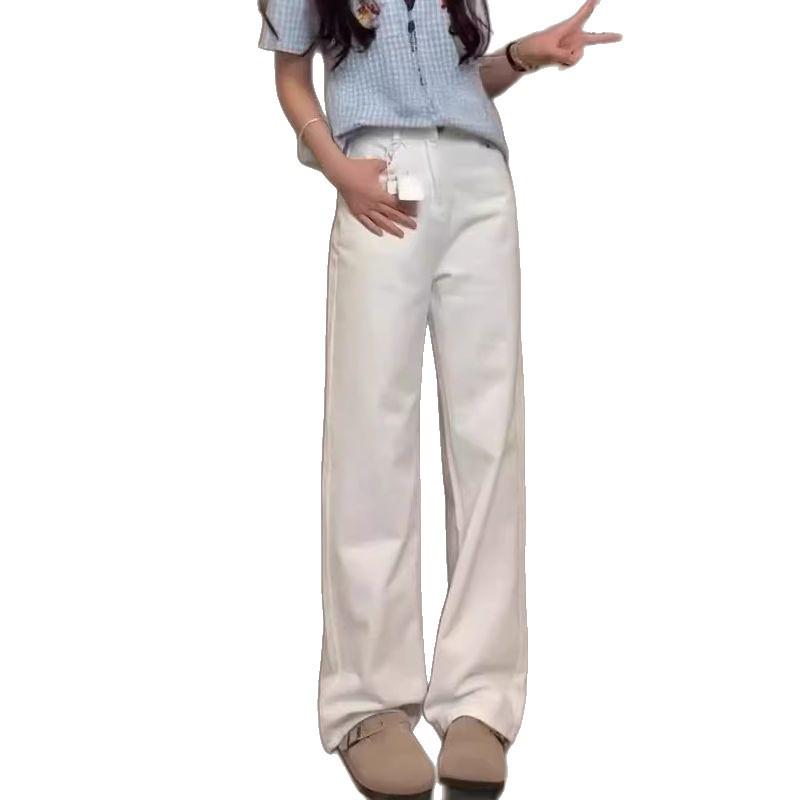 White Denim Plus Size Wide-Leg Pants for Women - Loose Fit, Autumn Style, Slimming, Hip-Covering, Pear-Shaped, Straight Leg.