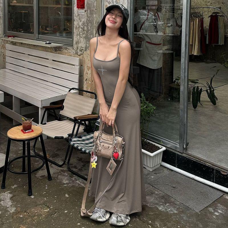 Shemoda Fashion Style Kardashian Diamond In the Debris Printing Slip Dress Women's Stretch Silm Solid Color Sheath Long Dress
