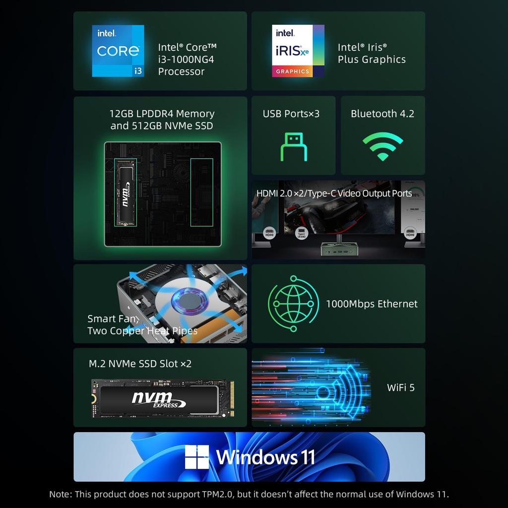 Mini Pc BMAX B6 PLUS 12G+512G SSD Intel Core i3-1000NG4 Processor Intel Iris Plus Graphics Window 11