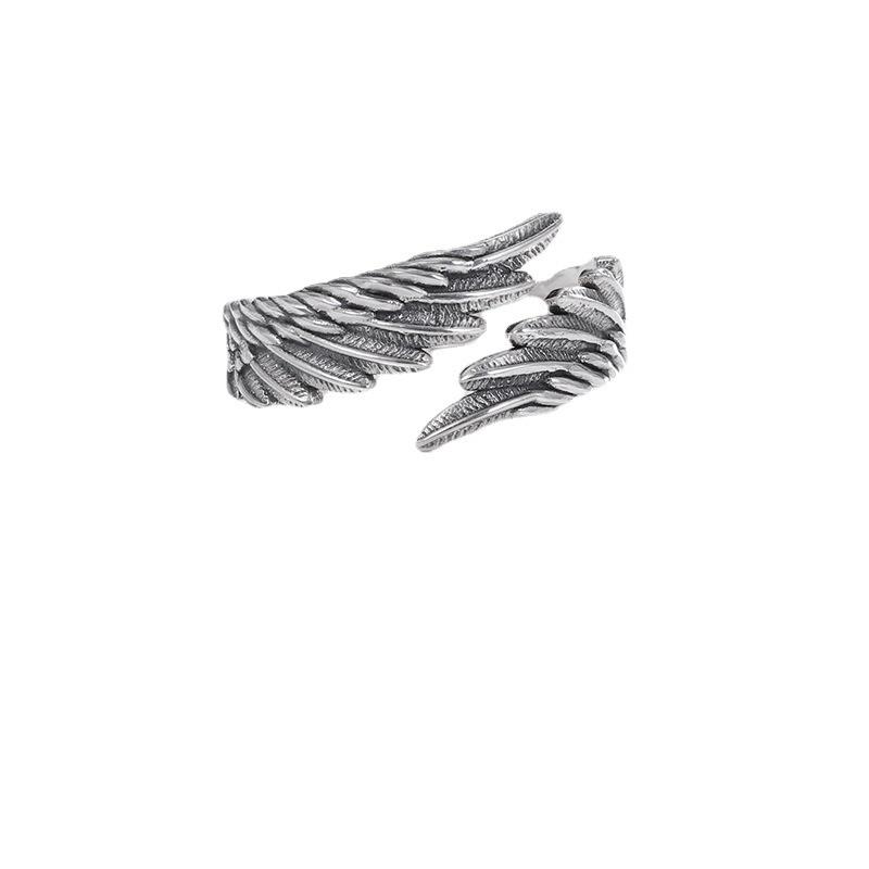Vintage Oxidized Thai Silver Angel Wings Ring – Creative Feather Design for Men & Women