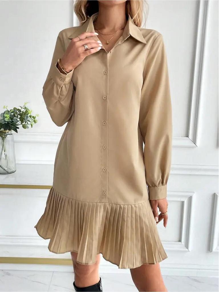 2025 Autumn/Winter European & American Pleated Patchwork Dress with Shirt Collar & Twist Button