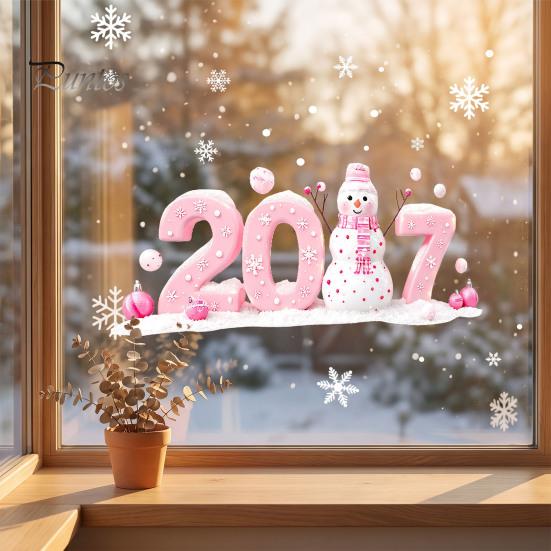 Static Window Clings for Christmas 2027 Clings, Snowman Snowflake Holly Glass Stickers, Easy Install Wall Decals Reusable Xmas Store Home Holiday