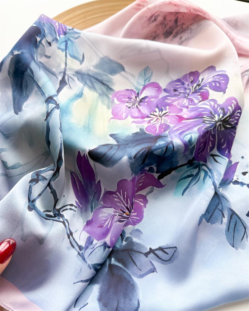 Luxury Flower Design Scarf Women Satin Scarves Bandana Hijab Neckerchief Shawl Kerchief Hair Band Foulard Lady