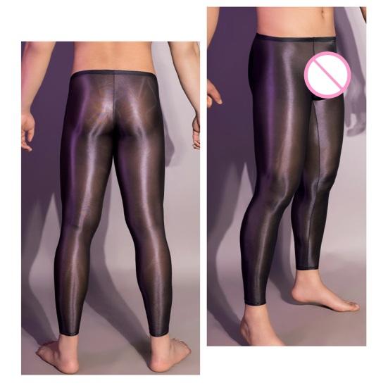 Pánské sexy dlouhé kalhoty průhledné olejově lesklé ultratenké strečové legíny lesklé ledové Silky Comfort úzké kalhoty