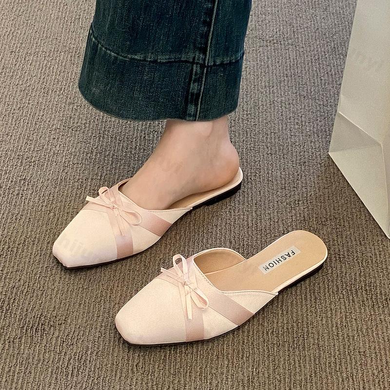 Fashion Woman Flat Shoes Female Cover Toe Ladies Slippers Slides Butterfly-Knot Slipers Women Designer Square Toe 2025 Half Slippers