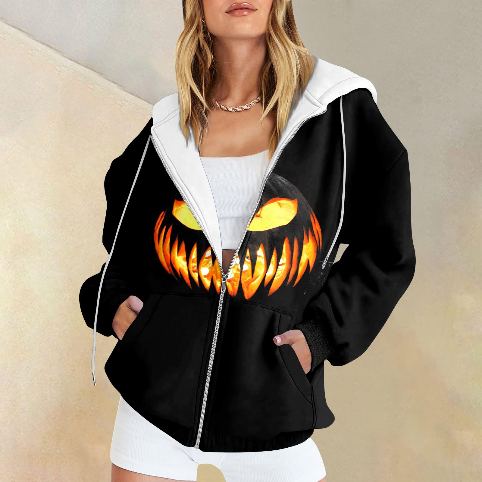

Жіноча модна повсякденна толстовка з принтом на Хелловін, осінь-зима, кардиган з довгим рукавом і кишенями, куртка-худі на блискавці M чорний