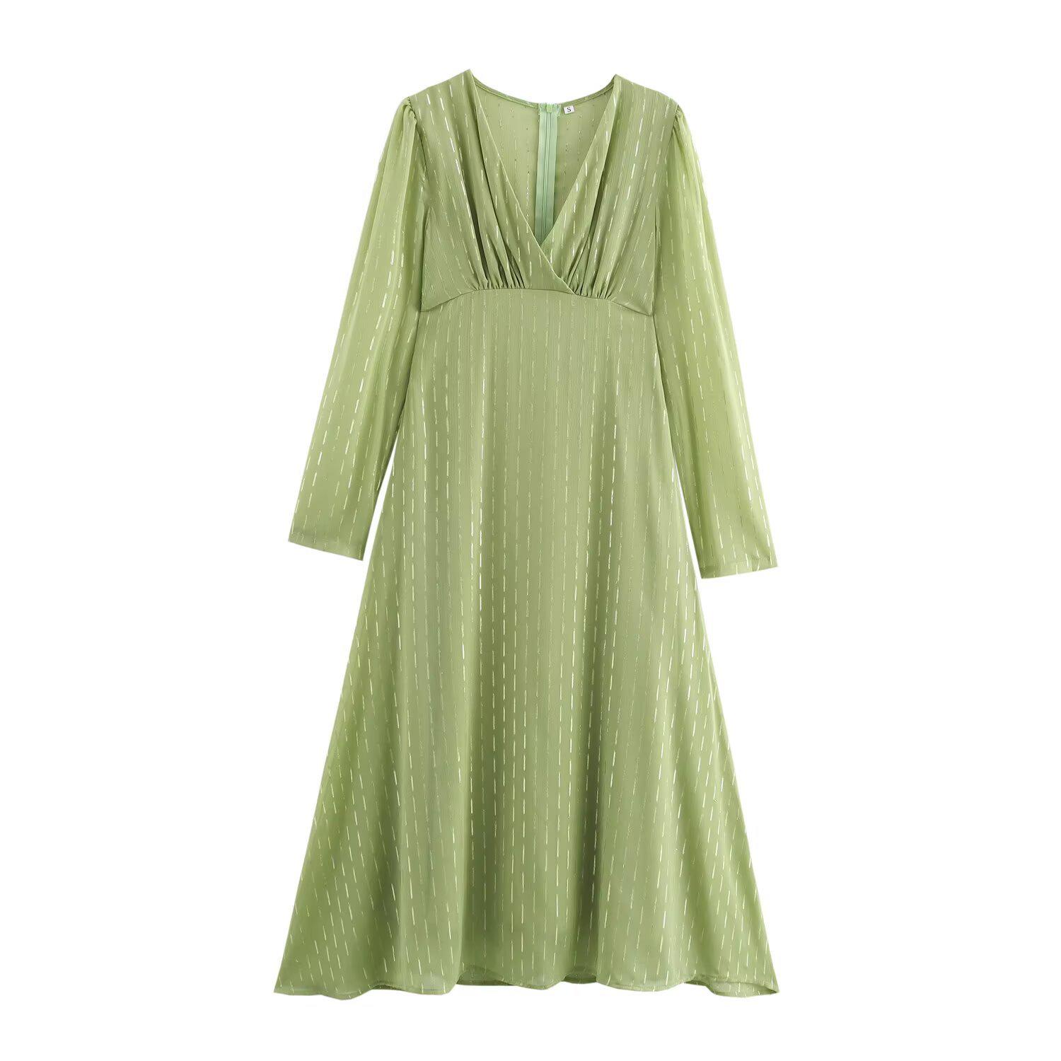 

2025 Spring Women s Fashion: Stylish European & American V-Neck Long Sleeve Dress XS зелёный