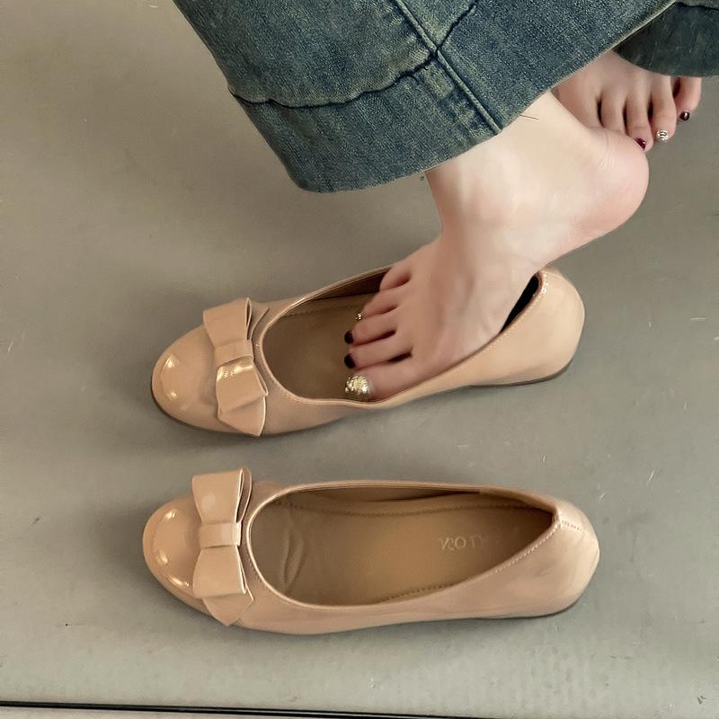 Summer Bow Commuter Leather Shoes Work Round Head Shallow Mouth Single Shoes Women's Fashion Patent Leather Wedge Soft-soled Shoes