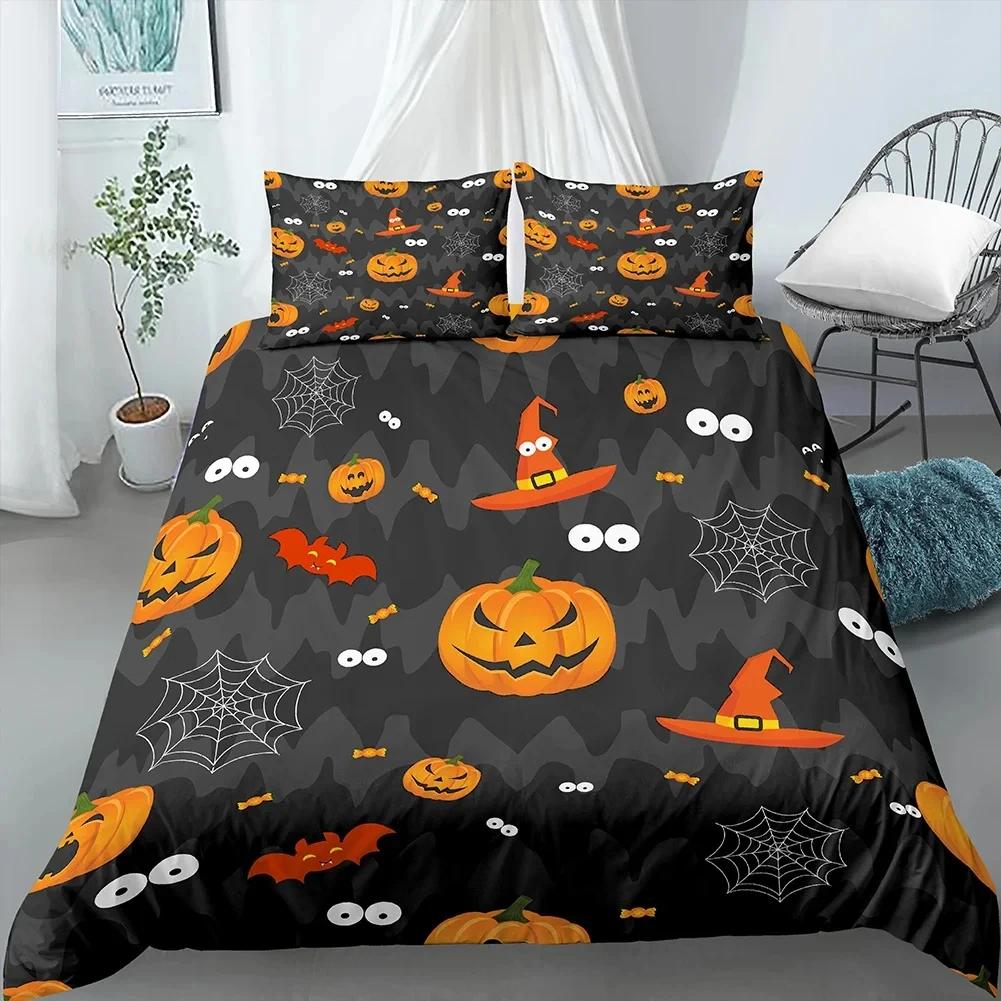 Happy Halloween King Queen Duvet Cover Orange Pumpkin Bedding Set Boys Teens Adults Bats Horror Festival Polyester Quilt Cover