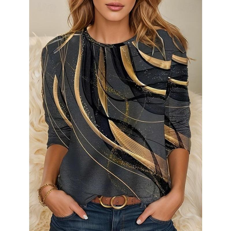 Women's T shirt Long Sleeve Crew Neck Long Sleeve Tunic Graphic Geometric Vintage Stylish Classic Round Neck Regular Tops