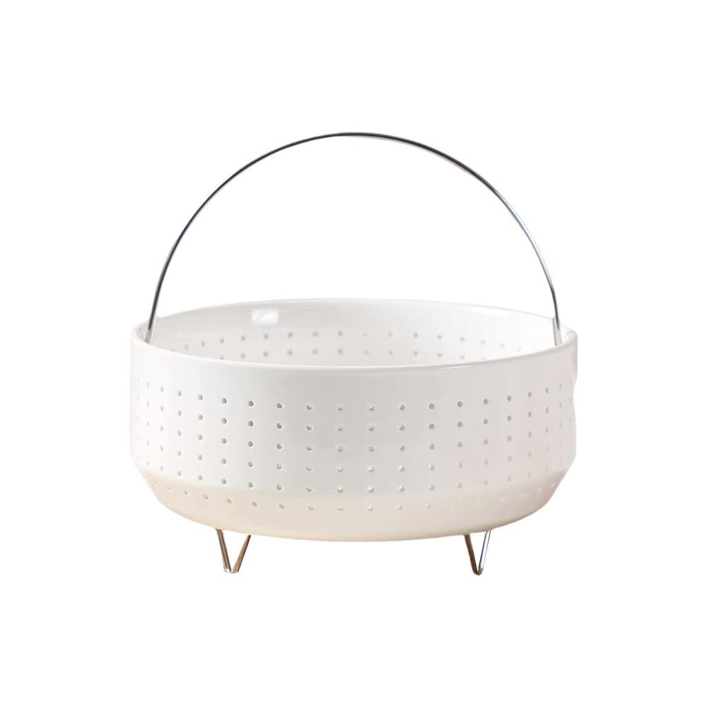 With Handle Food Steamer Rack White Ceramic Rice Cooker Basket Vegetable Steaming 12x6.5cm
