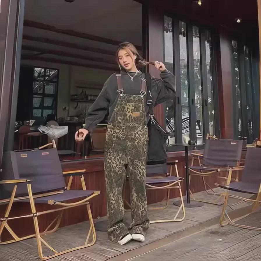 Unisex American Retro Loose Straight Leopard Print Overalls – New Street Style Washed Wide-Leg Multi-Pocket Pants Trend